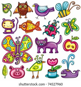 Flora and fauna theme. Cartoon vector set of colorful icons of animals, birds and plants. Doodle collection contains: leafs, owl, pigeon, bumblebee, monkey, goldfish, ladybug, butterfly, kitten, apple