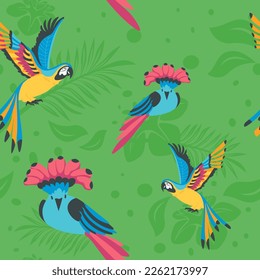 Flora y fauna de los países tropicales. Animales aviares con plumas y plumas coloridas. Foliage y follaje, hojas de palma. Patrón sin inconvenientes, fondo de pantalla o impresión. Vector de estilo plano