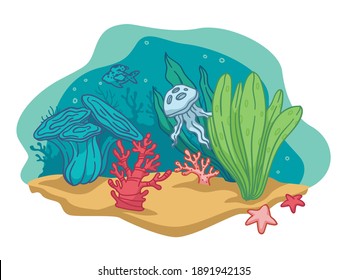 Flora and fauna underwater, isolated depth of sea or ocean. Marine life scenery. Aquarium with seaweeds and starfishes, jellyfish or octopus. Sandy bottom with botany decor. Vector in flat style