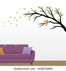 Flora and Fauna Wall docoration Concept. Bird on branch wall decoration sticker design vector