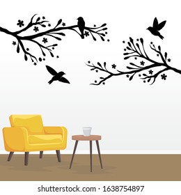 Flora and Fauna Wall docoration Concept. Bird on branch wall decoration sticker design vector