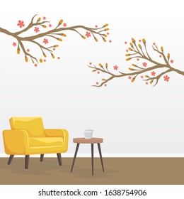 Flora and Fauna Wall docoration Concept. Tree and branch wall decoration sticker design vector
