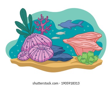 Flora and fauna of wild life underwater. Aquarium or bottom of sea or ocean. Coral reef and seaweed, exotic grass and fish. Marina landscape, seascape undersea with sand. Vector in flat style