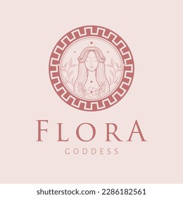 Diseño del logo de la diosa Flora. Logotipo vectorial de la diosa griega. Plantilla del logotipo de la industria de la belleza y el arte. Diosa de flores florecientes, floración, primavera, juventud y placer.