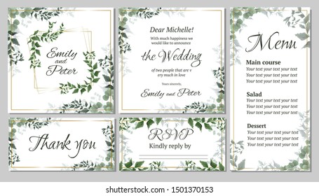 Flora greeting card for a wedding invitation, thank you, rsvp, menu. Green elegant leaves. Green plants, the flora elements of design. All elements are isolated.