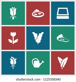 Flora icon. collection of 9 flora filled icons such as spinach, watering can, rose, pond, flower. editable flora icons for web and mobile.
