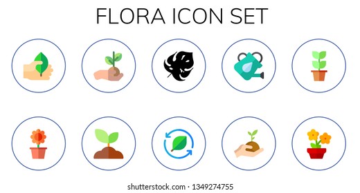 flora icon set. 10 flat flora icons.  Collection Of - leaf, sunflower, plant, sprout, watering can, plants