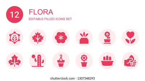 flora icon set. Collection of 12 filled flora icons included Leaf, Flower, Cactus, Flower pot, Flowerpot