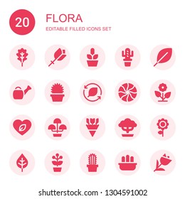 flora icon set. Collection of 20 filled flora icons included Leaf, Flower, Cactus, Watering can, Mint, Flower pot, Flowers, Bonsai, Tulip