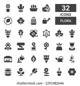 flora icon set. Collection of 32 filled flora icons included Flower, Flowerpot, Botanical, Rose, Watering can, Flowers, Leaf, Tulip, Terrarium, Cactus, Flower pot, Bonsai