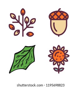 flora icon set. vector set about leaves, leaf, acorn and sunflower icons set.