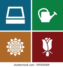 flora icons set. Set of 4 flora filled icons such as sunflower, watering can, rose