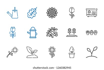 flora icons set. Collection of flora with plant, sunflower, sprout, flower, viburnum, watering can, rose, terrarium, oak leaf. Editable and scalable flora icons.