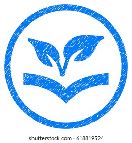Flora Knowledge grainy textured icon inside circle for overlay watermark stamps. Flat symbol with dirty texture. Circled vector blue rubber seal stamp with grunge design.