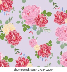 Flora and leaves, red peony and rose flower with rose leave vector pattern. pattern is clean for fabric, wallpaper and printing. Pattern is on swatches panel
