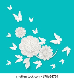 Flora origami elements of luxury white flower and tropical butterflies