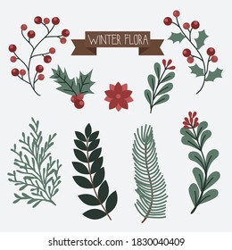 flora ornament set. Winter leaf design
