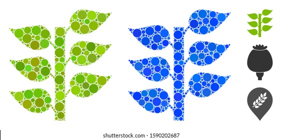 Flora plant composition of filled circles in various sizes and color hues, based on flora plant icon. Vector filled circles are composed into blue composition.