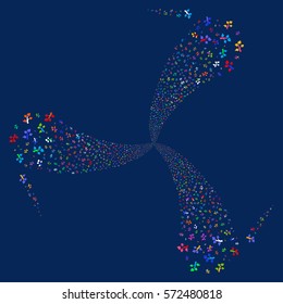 Flora Plant fireworks swirl rotation. Vector illustration style is flat bright multicolored iconic symbols on a blue background. Object twirl made from random design elements.