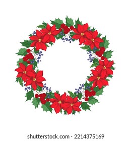 Flora und Rundduft von roten Weihnachtsblumen, grünen Blättern, süßen kleinen Heidelbeeren und wilden roten Beeren in der Weihnachtssaison Farbe.