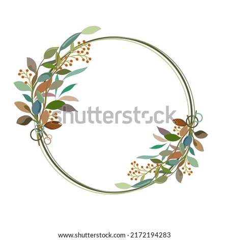 Flora and round twig wreath of wild autumn flower and leaves in fall and autumn season color, flat vector hand drawn image.