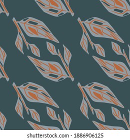 Flora seamless pattern with botanical grey and orange leaf branches. Navy blue pale background. Graphic design for wrapping paper and fabric textures. Vector Illustration.
