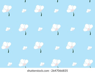 Flora seamless pattern, pretty ditsy print of hand drawn wild plants in delicate colors. Cute botanical sky blue background,Small pink, white flowers, leaves, simple bouquets. Vector illustration.
