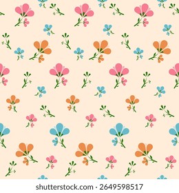 Flora seamless pattern, pretty ditsy print of hand drawn wild plants in delicate colors. Cute botanical light orange background,Blue,Pink, orange flowers, leaves, simple bouquets.Random blossom.Line