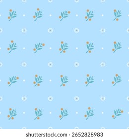 Flora seamless pattern, pretty ditsy print of hand drawn wild plants in delicate colors. Cute botanical sky blue background,Small flora, white flowers, leaves, simple bouquets. Vector illustration.