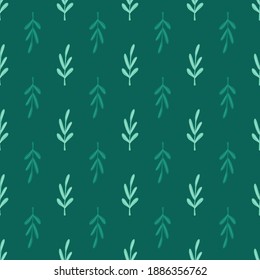 Flora seamless pattern with simple leaf branches silhouettes. Green background. Stock illustration. Vector design for textile, fabric, giftwrap, wallpapers.