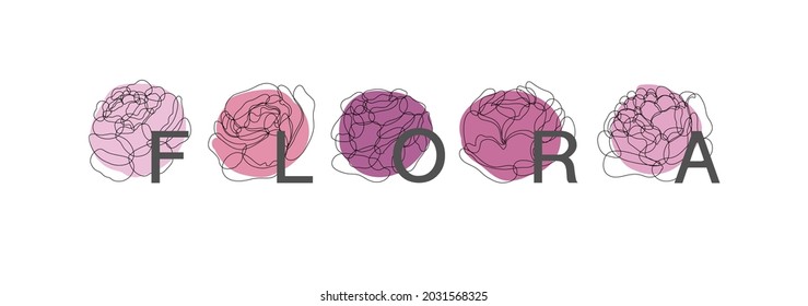 Flora. A set of five hand-drawn peonies. Floral logo in a linear style.