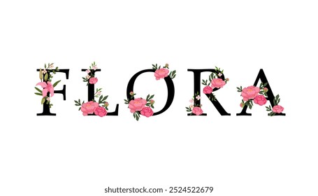 Flora spelled out with beautiful floral-themed typography, featuring delicate pink flowers. Perfect for nature, botanical, or garden-themed projects and branding.