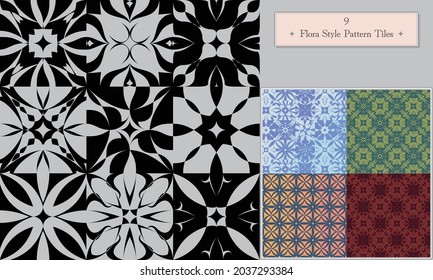 Flora style vector pattern tiles with samples.
