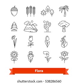 Flora thin line art icons set. Flowers, trees, plants life naturally occurring, botanical garden landscape. Linear style symbols isolated on white.