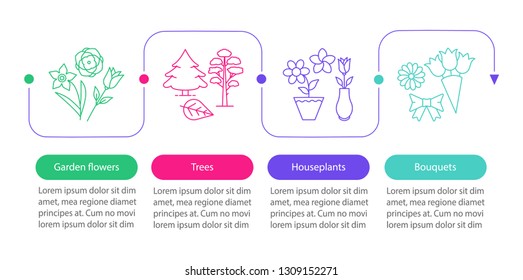 Flora vector infographic template. Plants. Business presentation design. Garden flowers, trees, houseplants, bouquets. Data visualization steps and options. Process timeline chart. Workflow layout