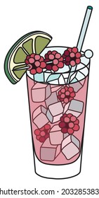 Floradora classic long cocktail in highball glass. Garnished with a raspberries and lime. Stylish hand-drawn doodle cartoon hipster style vector illustration good for bar menu, cook book recipe