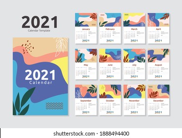 Floral 2021 wall calendar template in flat style