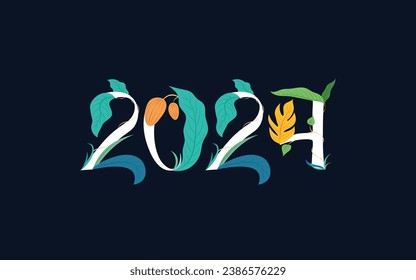 Floral de 2024 letras. La naturaleza deja un diseño de estilo. Feliz Año Nuevo.