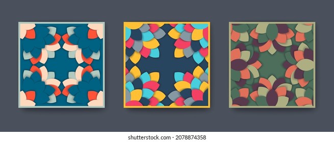 Floral 3D carving abstract design. Modern paper art style cards. Layered paper cut structure. Vector template