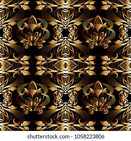 Floral 3d damask seamless pattern. Vector vintage black background. Hand drawn gold flowers, leaves, swirls, curves,  interesting damask ornament. Surface texture. Luxury design for fabric, wallpapers