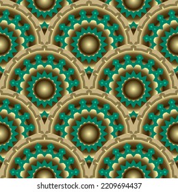 Floral 3d mandalas seamless pattern. Tribal ethnic style vector background. Colorful tiled flowers pattern.  Repeat round glowing mandalas ornament. Ornate beautiful modern design. Surface texture.
