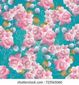 Floral 3d roses seamless pattern. Vector blue background. Roses wallpaper. Vintage pink roses flowers, gold silver leaves, swirl lines and flourish line art tracery floral roses ornaments