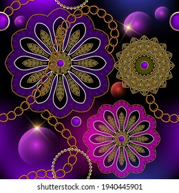 Floral 3d seamless pattern. Abstract glowing background. Repeat shiny vector backdrop. Colorful greek style ornaments with flowers, mandalas, chains, spheres, stars, shapes. Ornate design with effects