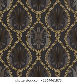 Floral 3d seamless pattern with gold chains, flowers, leaves. Beautiful vintage vector background. Luxury gold 3d ornaments. Modern trendy ornate endless texture. Decorative ornamental elegant design.