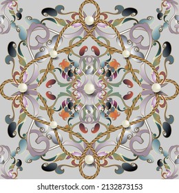 Floral 3d seamless pattern. Jewelry ornate vector background. 3d pearls gemstones, ropes. Vintage colorful flowers, leaves. Beautiful Paisley flowers ornaments. Flourish intricate ethnic style design.