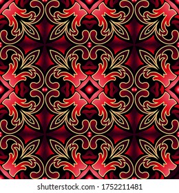 Floral 3d seamless pattern. Vector ornamental baroque style background. Repeat patterned arabesque backdrop. Vintage flowers, leaves, abstract shapes, lines. Arabic red ornament. Luxury ornate design.