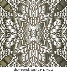 Floral 3d vector seamless pattern. Ornamental ethnic tribal style background. Doodle line art tracery luxury gold surface ornament. Abstract shapes, vintage flowers. Silk ornate repeat backdrop.
