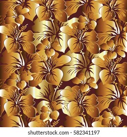 Floral 3d  vector seamless pattern background wallpaper illustration with gold decorative  surface flowers. Luxury floral 3d texture for fabric, textile.