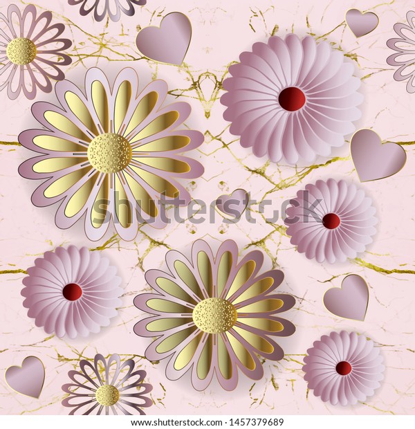 Floral 3d vector seamless pattern. Rose gold ornamental marple style background. Repeat pink cracked backdrop. Surface beautiful 3d flowers, love hearts. Textured ornament. Delicate ornate design.