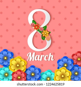 Floral 8 march greeting card. Happy Women's Day. Paper cut flower holiday background with with figure eight. Vector illustration. Origami trendy design template. Happy Mother's Day